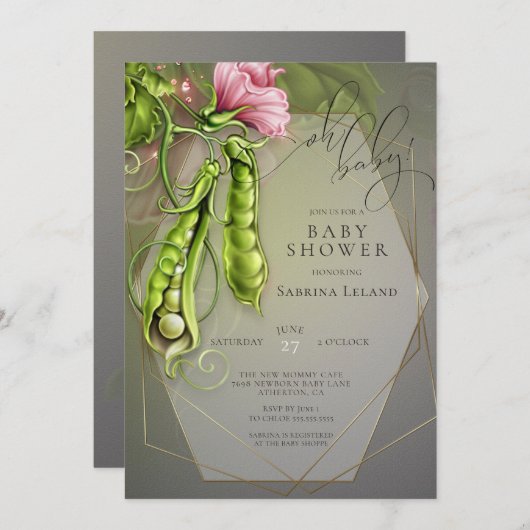 オベビー甘いエンドウ豆のポッド赤ちゃんシャワー 招待状 (正面/裏面)