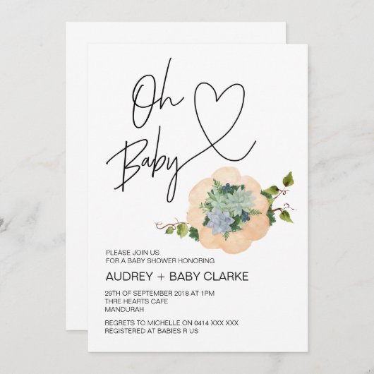 オベビー男女兼用シャワーサンクスギビング秋 招待状 (正面/裏面)