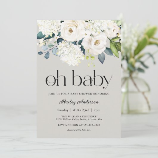 オベビー男女兼用ホワイトフローラ赤ちゃんシャワー 招待状 (スタンド正面)