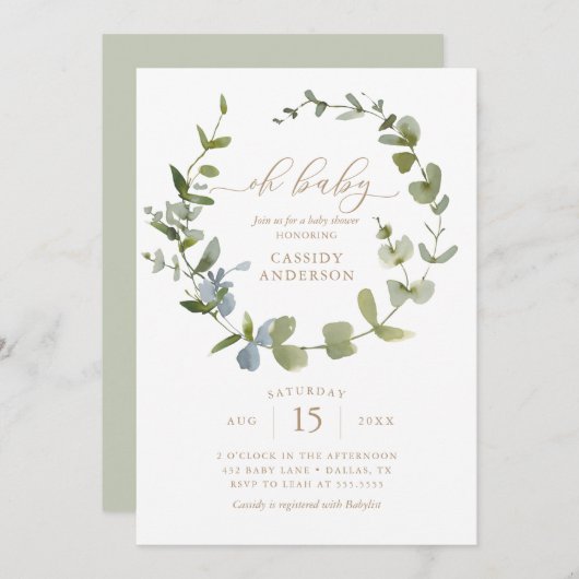オベビー男女兼用ユーカリ赤ちゃんシャワーインヴィ 招待状 (正面/裏面)