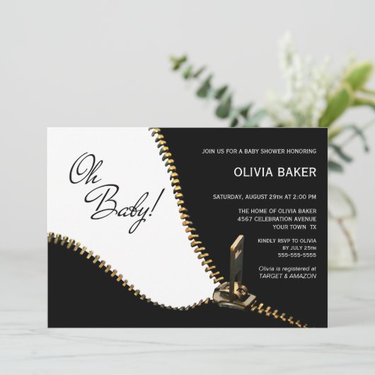 オベビー白黒と金ゴールドジッパー赤ちゃんシャワー 招待状 (スタンド正面)