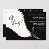 オベビー白黒と金ゴールドジッパー赤ちゃんシャワー 招待状 (正面/裏面)