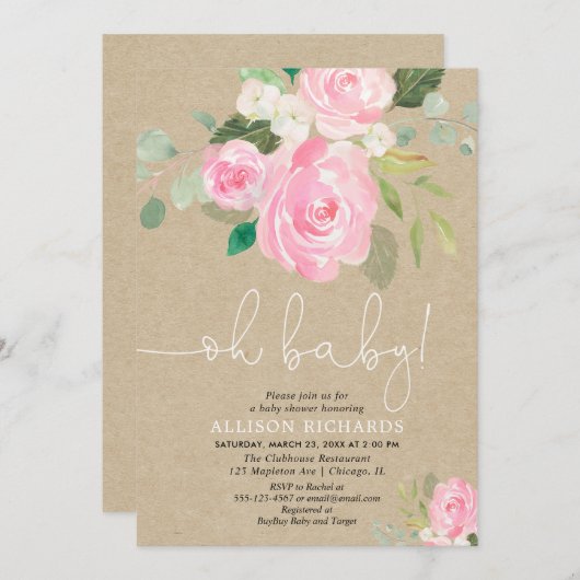 オベビー素朴な赤面女の子の赤ちゃんシャワーフローラ 招待状 (正面/裏面)