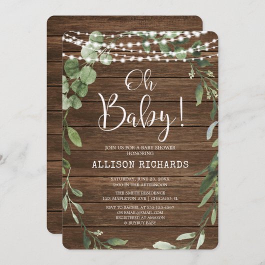 オベビー素朴は、緑の赤ちゃんシャワーを点灯 招待状 (正面/裏面)