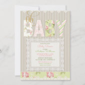オベビー素朴ウッドレースピンクグリーンガール 招待状 (正面)