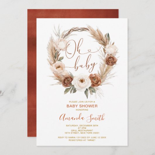 オベビー素朴テラコタオレンジフローラベビーシャワー 招待状 (正面/裏面)