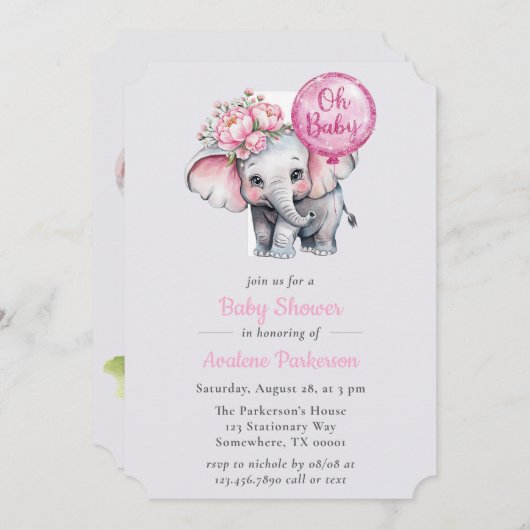 オベビー絵を描象フローラ女の子ベビーシャワー 招待状 (正面/裏面)