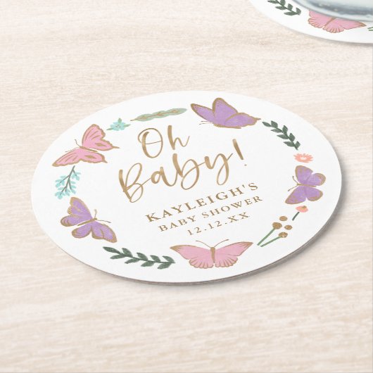 オベビー蝶かわいらし赤ちゃんシャワー ラウンドペーパーコースター (アングル)