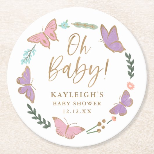 オベビー蝶かわいらし赤ちゃんシャワー ラウンドペーパーコースター (正面)