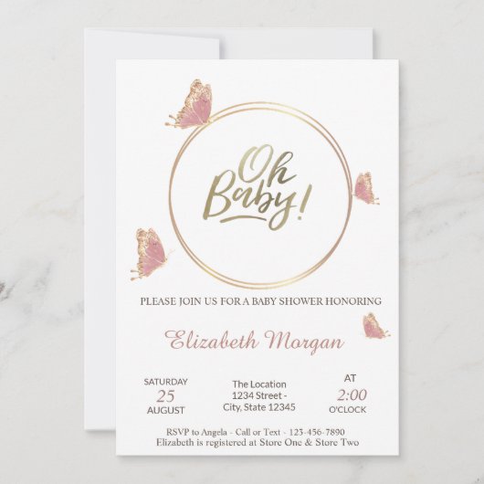 オベビー蝶ストライプの赤ちゃんシャワー 招待状 (正面)