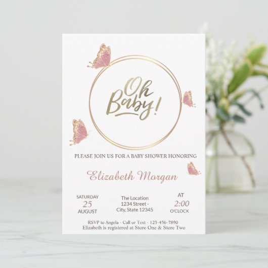 オベビー蝶ストライプの赤ちゃんシャワー 招待状 (スタンド正面)