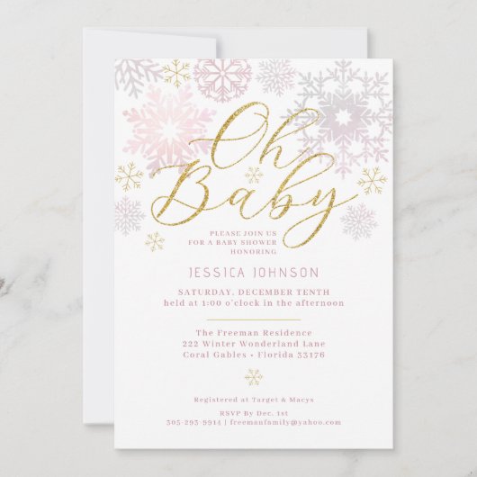 オベビー赤面ピンクスノーフレークシャワー招待状 招待状 (正面)