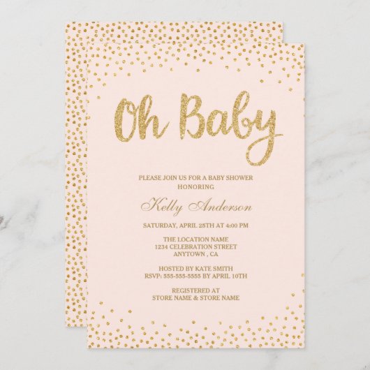 オベビー赤面ピンク金ゴールドグリッターベビーシャワーカード 招待状 (正面/裏面)