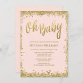 オベビー赤面ピンク金ゴールドグリッターベビーシャワー 招待状 (正面/裏面)