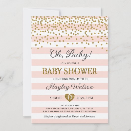 オベビー赤面ピンク金ゴールドコンフェッティ赤ちゃんガールシャワー 招待状 (正面)
