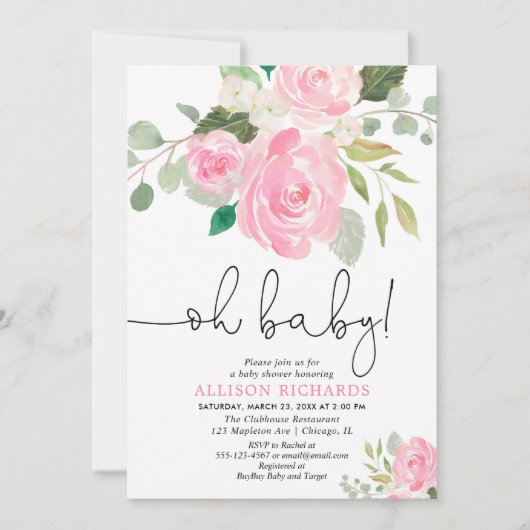 オベビー赤面女の子の赤ちゃんシャワーフローラ水色 招待状 (正面)