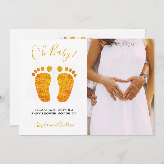 オベビー足フォトカップルの赤ちゃんシャワー 招待状 (正面/裏面)