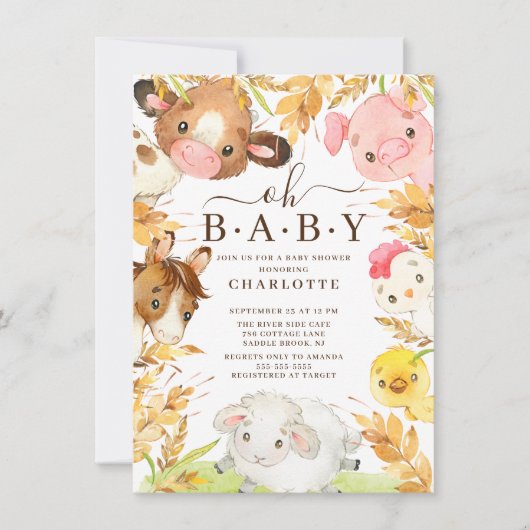 オベビー農場動物シャワー招待状 招待状 (正面)