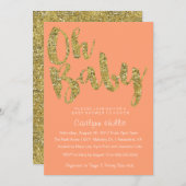 オベビー金ゴールドグリッターとフォイルの桃のベビーシャワー 招待状 (正面/裏面)