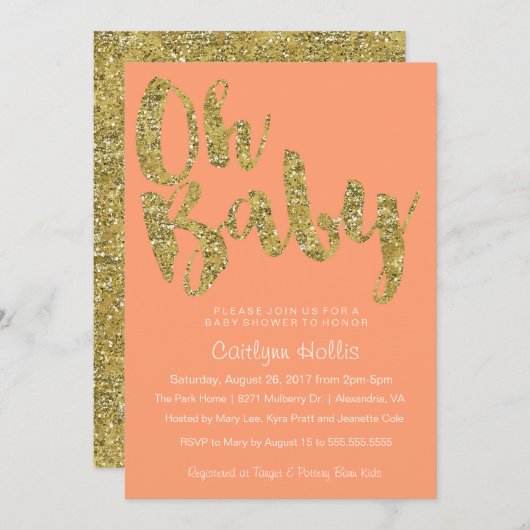 オベビー金ゴールドグリッターとフォイルの桃のベビーシャワー 招待状 (正面/裏面)