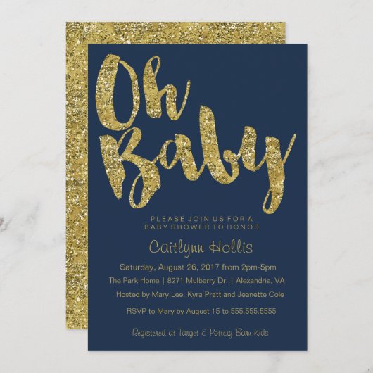 オベビー金ゴールドグリッターとフォイル海軍ベビーシャワー 招待状 (正面/裏面)