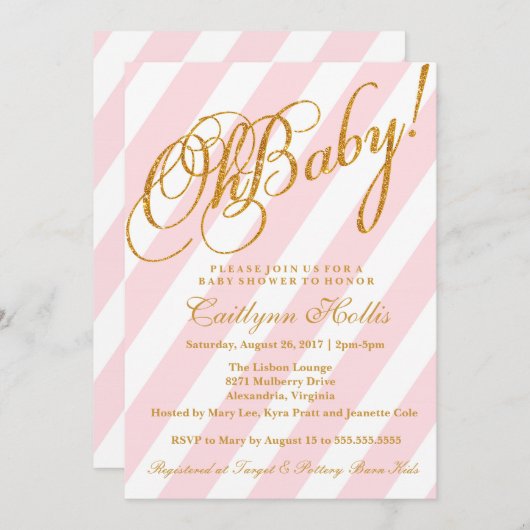 オベビー金ゴールドグリッターストライプベビーシャワー招待状 招待状 (正面/裏面)
