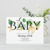オベビー金ゴールドフェイクジャングル動物ベビーシャワー 招待状 (スタンド正面)