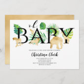 オベビー金ゴールドフェイクジャングル動物ベビーシャワー 招待状 (正面/裏面)
