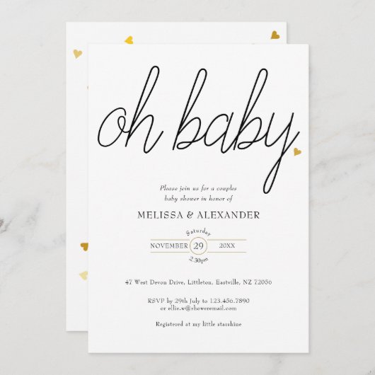 オベビー金ゴールドラブハートカップル赤ちゃんシャワー 招待状 (正面/裏面)