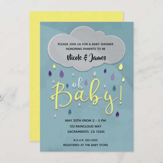 オベビー雨シャワークラウド天気ユニセックス散水 招待状 (正面/裏面)