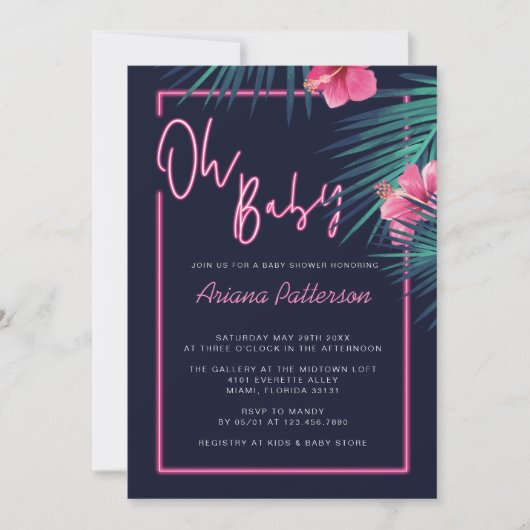 オベビー電気ネオンピンク熱帯赤ちゃんシャワー 招待状 (正面)
