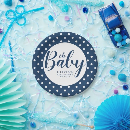 オベビー – ネイビーブルー水玉模様ベビーシャワー ペーパープレート (パーティー)