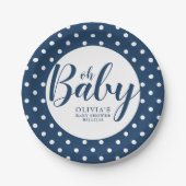 オベビー – ネイビーブルー水玉模様ベビーシャワー ペーパープレート (正面)