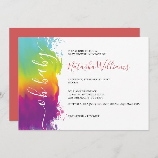 オベビー、レインボーウォーター色ベビーシャワー、オレンジ 招待状 (正面/裏面)