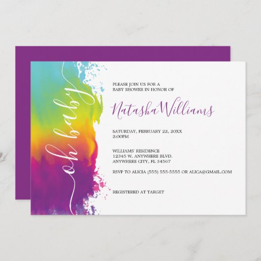オベビー、虹の水色ベビーシャワー、紫 招待状 (正面/裏面)