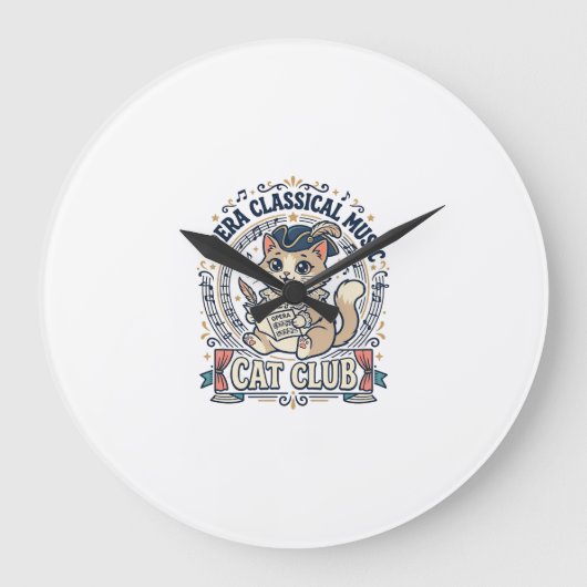 オペラクラシック音楽 猫 かわいい猫 Tシャツ デザイン ラージ壁時計 (正面)