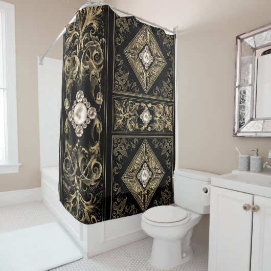 オペ華美ルンス |ブラックと金ゴールドの宝石で飾られたフローリッシュ シャワーカーテン (インサイチュ)