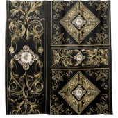 オペ華美ルンス |ブラックと金ゴールドの宝石で飾られたフローリッシュ シャワーカーテン (正面)