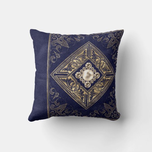 オペ華美ルンス |宝石で飾られた金ゴールドとブルー クッション (裏面)