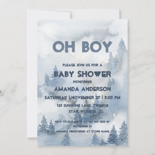 オボーイウォーターカラーダスティブルーウィンターフォレストボーイ 招待状 (正面)