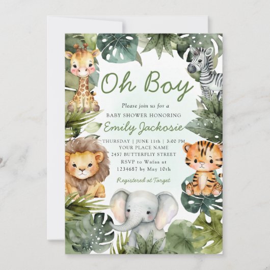 オボーイトロピカルジャングルサファリ動物の赤ちゃんシャワー 招待状 (正面)