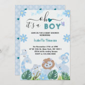 オボーイブルーサファリ動物の男の子シャワー 招待状 (正面/裏面)