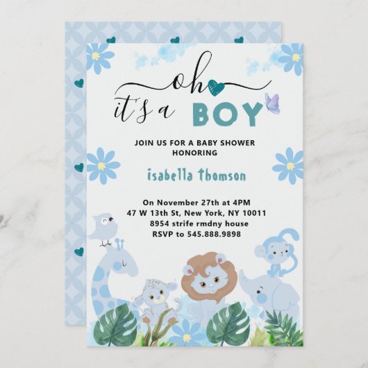 オボーイブルーサファリ動物の男の子シャワー 招待状 (正面/裏面)