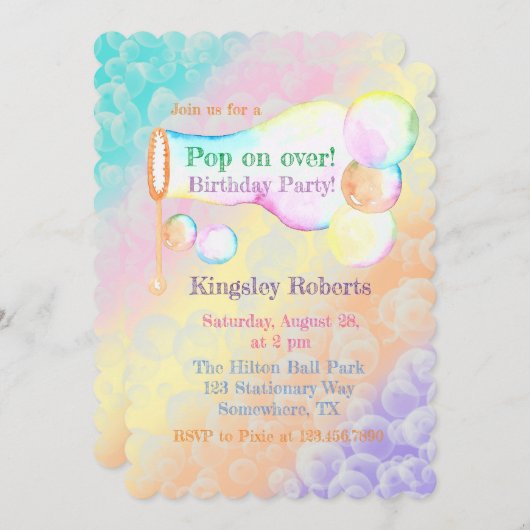 オポップ・アートのーバーバブル子供の誕生日パーティー 招待状 (正面/裏面)
