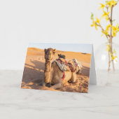 オマーン砂漠のラクダのクローズアップ カード (黄色い花)