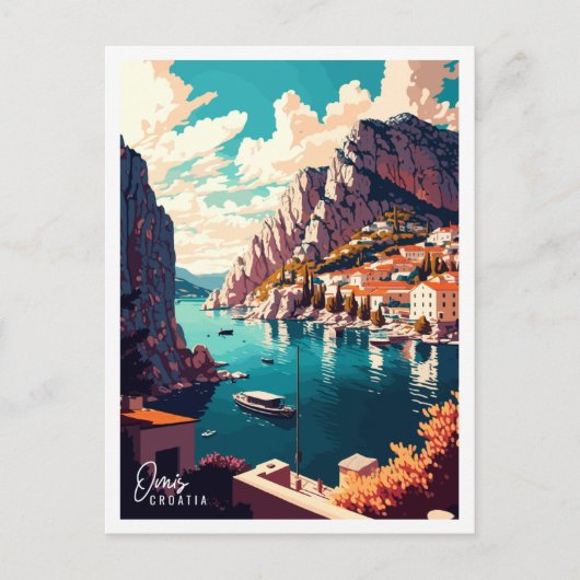 オミスクロアチアヴィンテージ旅行イラストレーション ポストカード (正面)