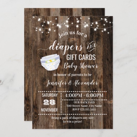 オムツとギフトカード赤ちゃんシャワー 招待状 (正面/裏面)