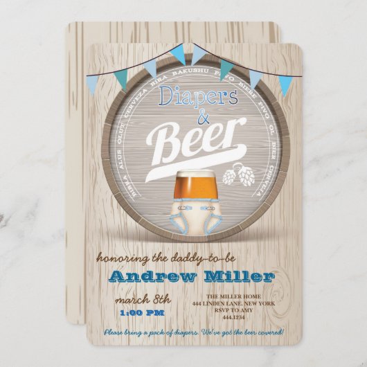 オムツとビールボーイ赤ちゃんシャワー招待状 招待状 (正面/裏面)