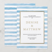 オムファロデス ブルー ウォーターカラー ストライプ & ゴールド レタリング 招待状 (正面/裏面)
