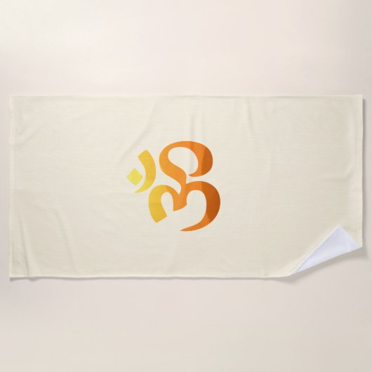 オムマントラ金ゴールドサンメディテーションヨガイエローオレンジ ビーチタオル (正面)